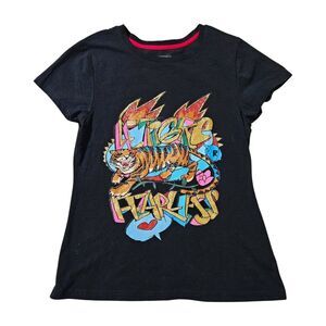 Le Tigre Black Graphic Print Tiger Fearless Shirt‎ Embellished Glitter Women's L